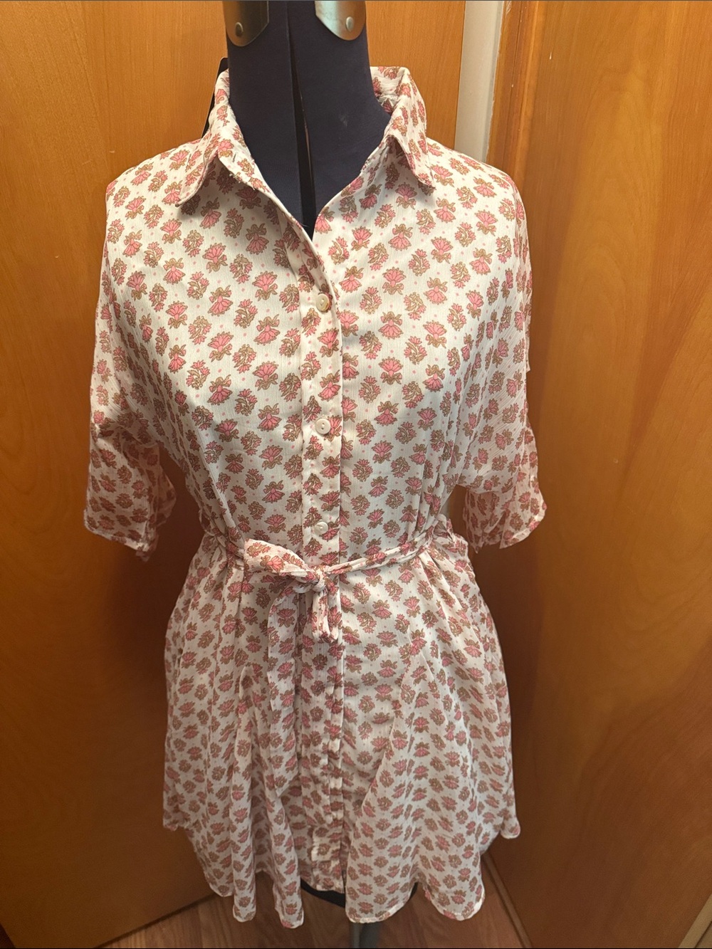 Blush Cream and Pink Floral Long Sleeve Shirt Dress